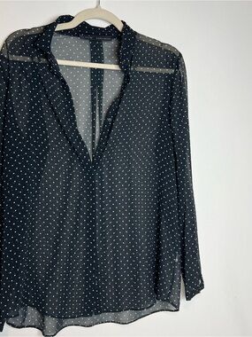 Zara Basic Black Sheer Micro Polka Dot Blouse - Size Large